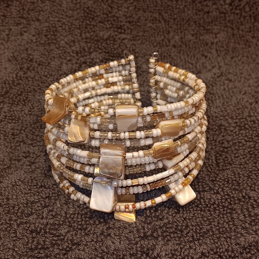 Beaded Mother-of-Pearl Wrap Bracelet - Neutral Tones
